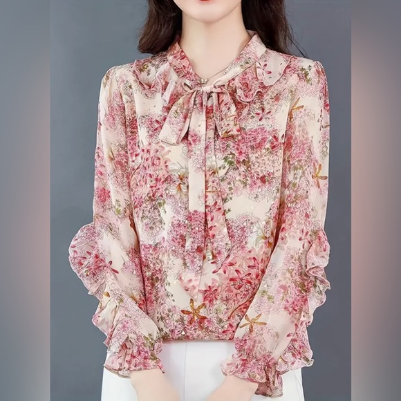 Floral Print Ruffle Trim Blouse, Elegant Tie Neck Long Sleeve Blouse - Picture 3 of 5
